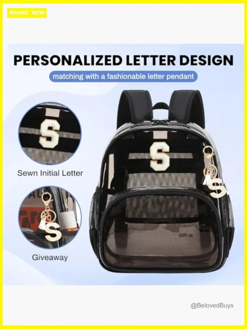 Clear Stadium Backpack 12x6x12 Mini Transparent Bookbag with Letter Patch Tassel